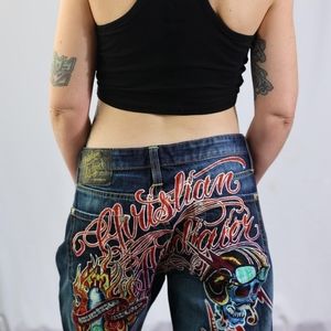 Christian Audigier blue skull Embroidered Jeans Ed Hardy